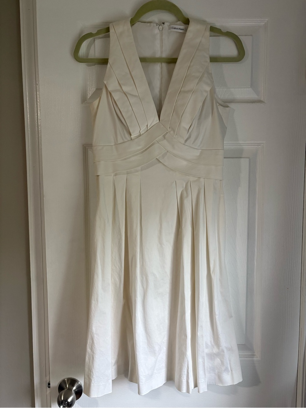 Calvin Klein Cream V-Neck Pleated Midi Dress